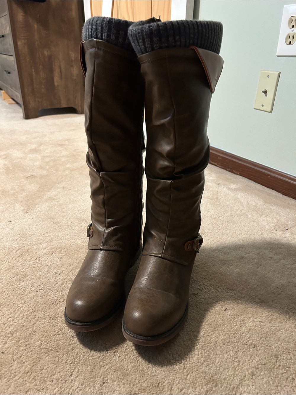 Women's Tall Brown Faux-Leather Fashion Boots with Knit Cuff